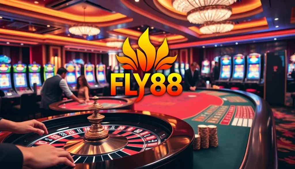 FLY88 casino scene with roulette, poker chips, and vibrant slot machines.