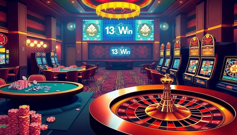 The vibrant casino scene at 13Win.Com showcasing poker chips, roulette, and online gambling interfaces.