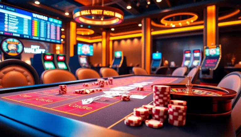 ww88 online gambling scene with vibrant casino tables, poker chips, and immersive games