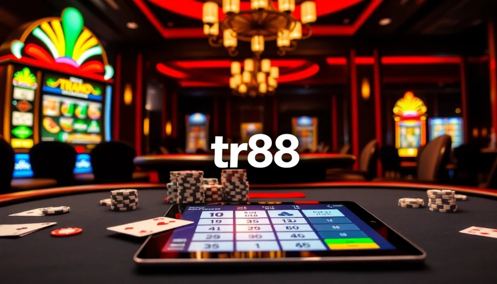 Experience the excitement of tr88 at a luxury casino table, complete with poker chips and vibrant slot machines.