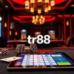 Experience the excitement of tr88 at a luxury casino table, complete with poker chips and vibrant slot machines.
