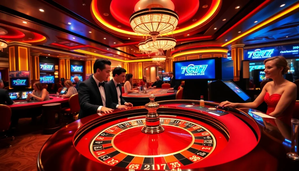 Players enjoying a thrilling game at the 7C77 casino, surrounded by vibrant gaming tables and luxurious decor.