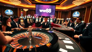 ww88 players enjoying a lively casino atmosphere with roulette and poker chips