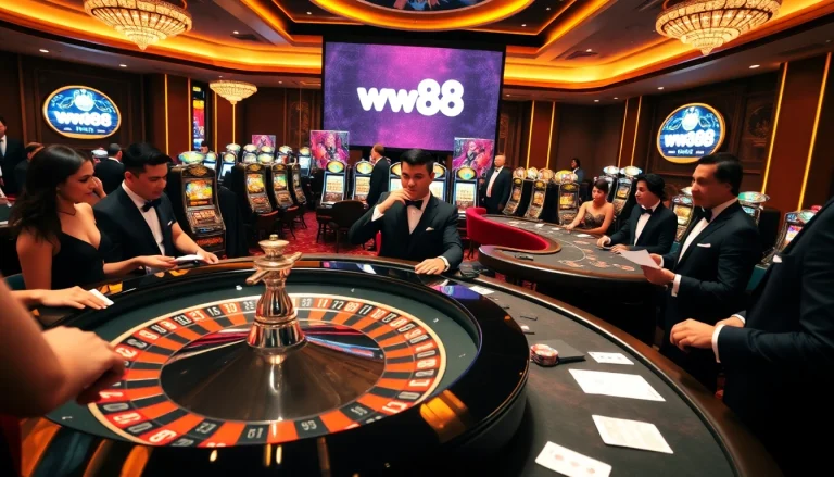 ww88 players enjoying a lively casino atmosphere with roulette and poker chips