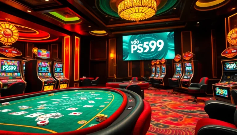 Engage in the thrill of vào PS99 at a luxurious casino, featuring vibrant tables and exciting gaming elements.