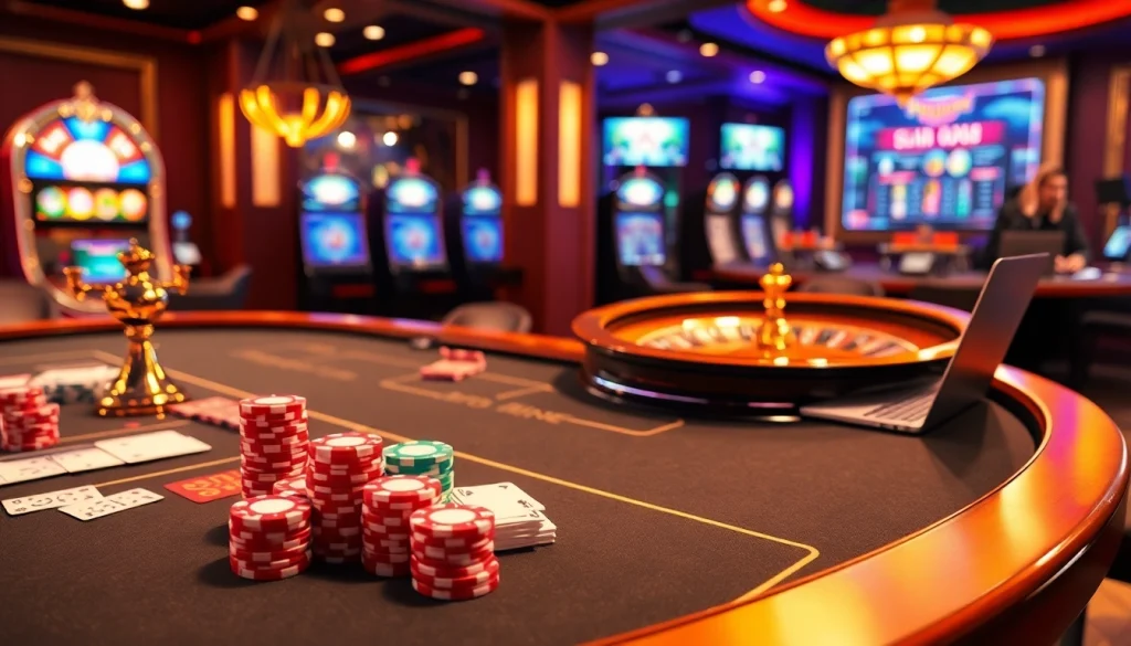 Experience the thrill of 11UU with luxurious poker chips and a vibrant roulette wheel in a modern online casino.