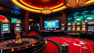 Hi88 online gambling scene with vibrant slot machines, poker tables, and roulette for immersive betting experience.