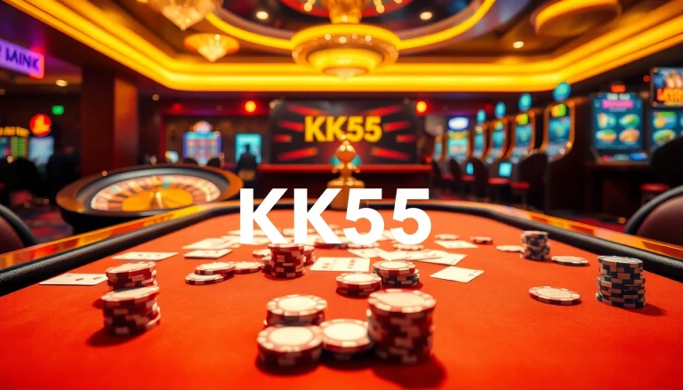 Engaging gambling scene showcasing KK55 poker chips and vibrant casino atmosphere.