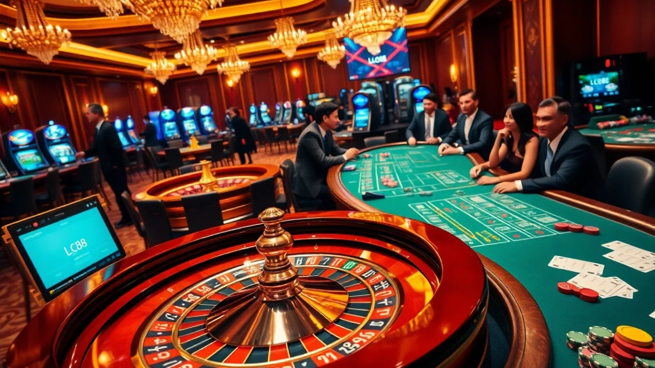 Excitement builds at an upscale casino where players engage with lc88 gaming tables and roulette wheels.