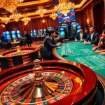 Excitement builds at an upscale casino where players engage with lc88 gaming tables and roulette wheels.