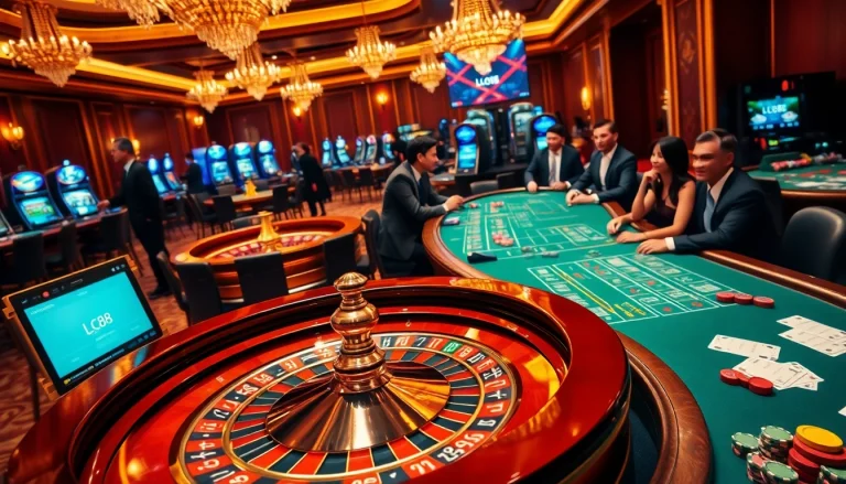 Excitement builds at an upscale casino where players engage with lc88 gaming tables and roulette wheels.