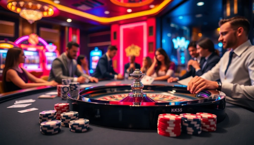 Players enjoying a thrilling casino experience with KK55 betting slips at a vibrant roulette table.
