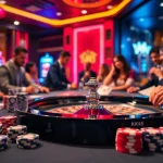 Players enjoying a thrilling casino experience with KK55 betting slips at a vibrant roulette table.