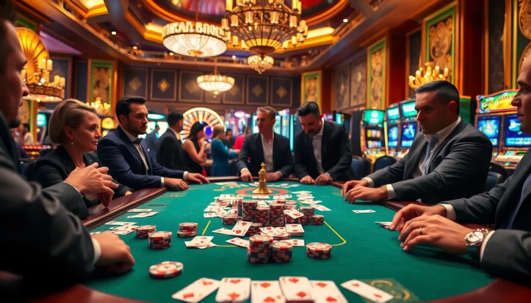 Experience thrilling gameplay at the ABC8 casino poker table with vibrant chips and stylish players.