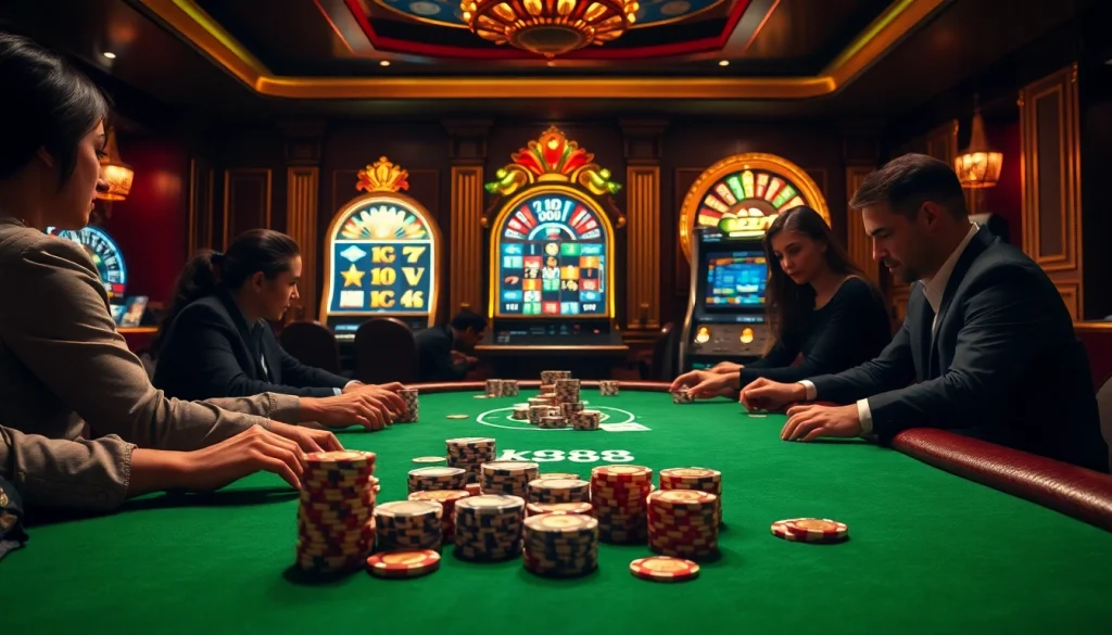 Experience thrilling poker action at the casino with kp88, featuring vibrant chips and cards.