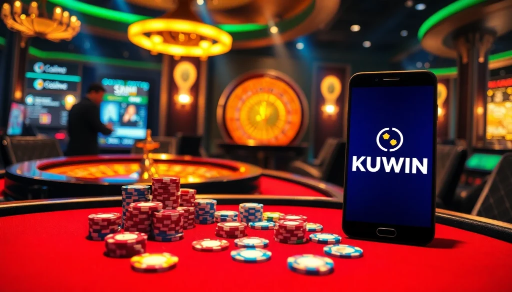 KUWIN customers engaging in an exciting high-stakes poker game with vibrant casino visuals.