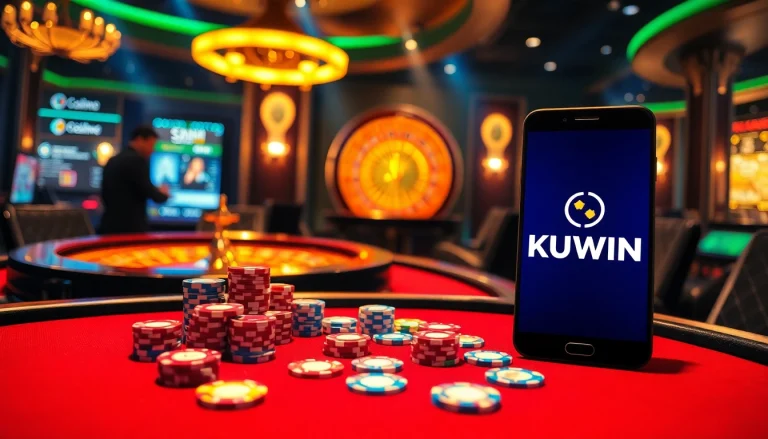 KUWIN customers engaging in an exciting high-stakes poker game with vibrant casino visuals.