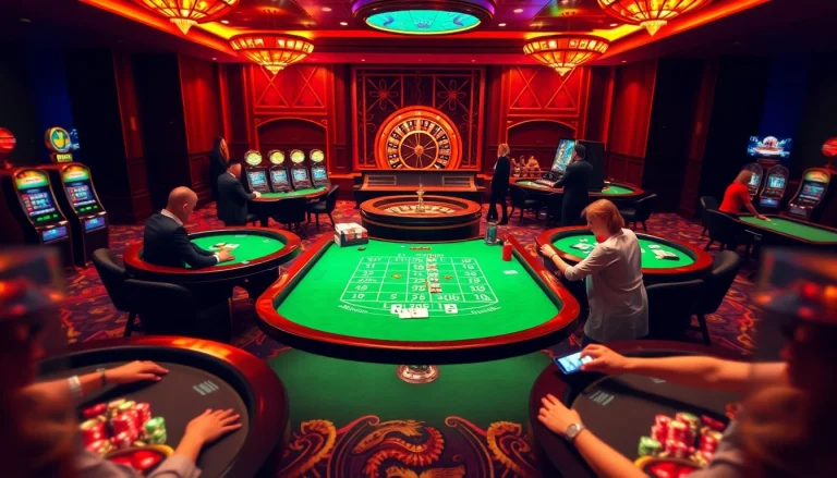 Exciting online gambling scene showcasing 98win vin with casino tables, cards, and thrilling players.