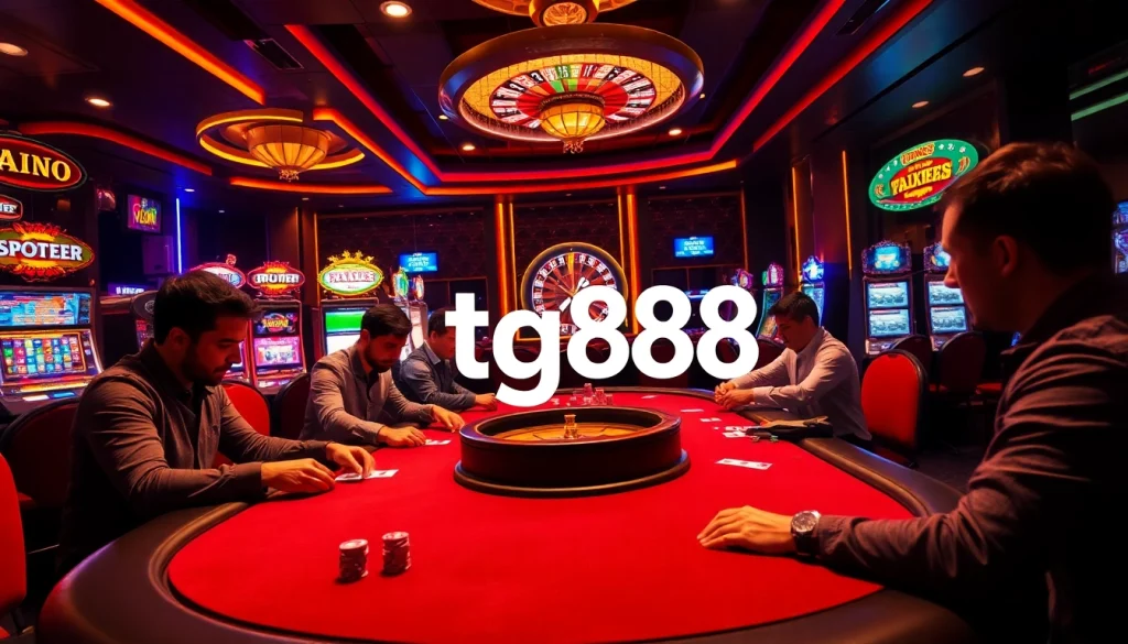 Players strategizing at a luxury poker table in a tg88. casino, surrounded by vibrant slot machines.