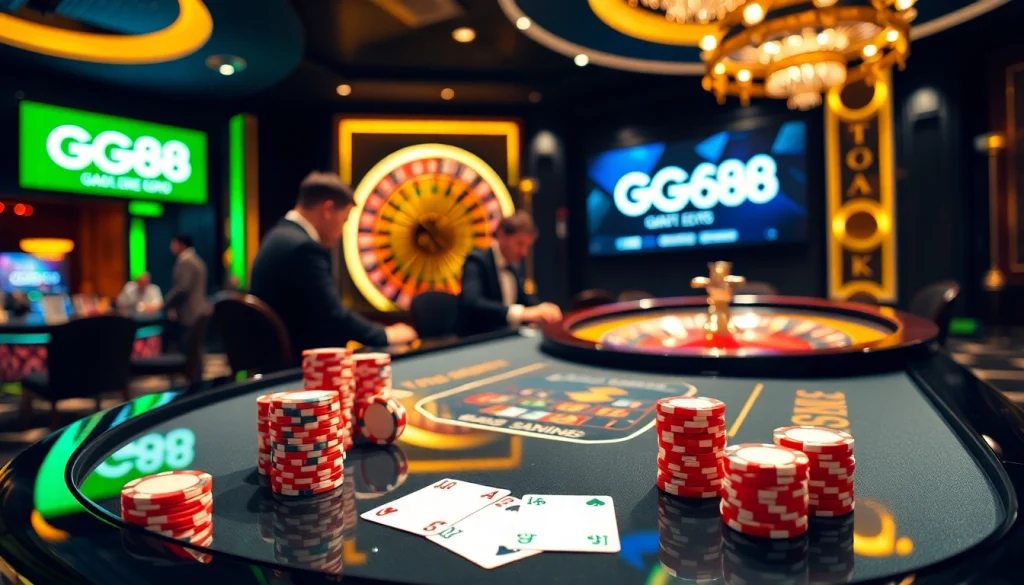 Excited players engaging in a thrilling GG88 casino game with vibrant poker chips and cards.