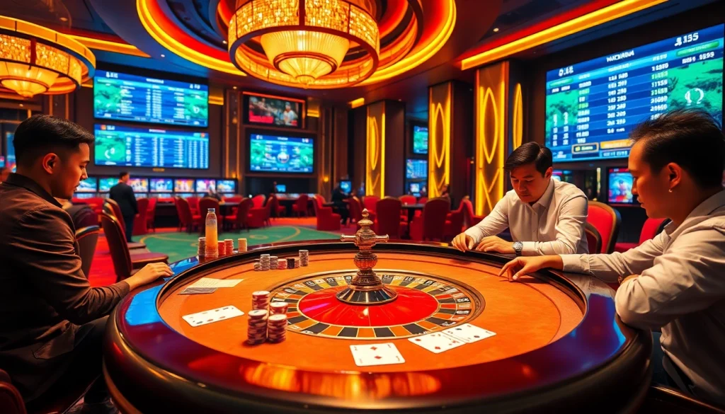 Engaging scene of Kèo Bóng Đá betting with gamblers at a luxurious casino table, showcasing excitement and strategy.