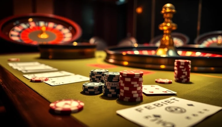 Players engaging in high-stakes poker at a FEBET-themed casino table with vibrant chips.