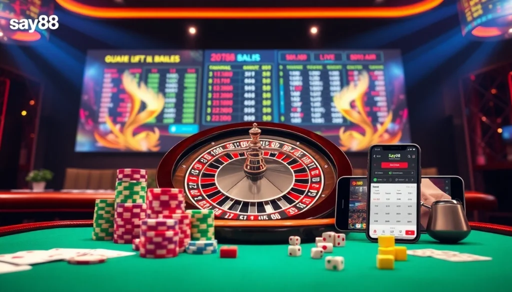 Cheerfully engaging in high-stakes gameplay at say88's luxurious casino tables, filled with excitement.