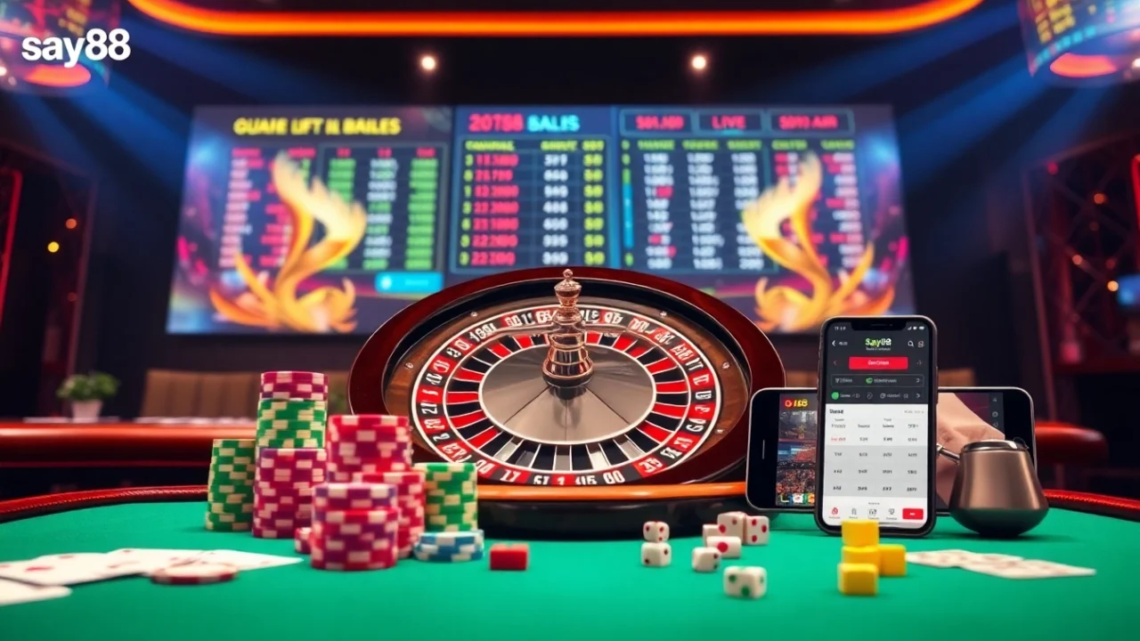 Cheerfully engaging in high-stakes gameplay at say88's luxurious casino tables, filled with excitement.