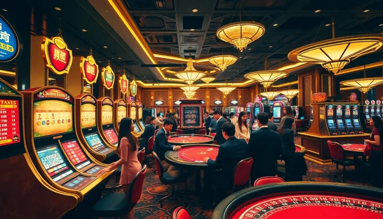 Gambling enthusiasts engaging at 8day.cn.com casino tables with vibrant slot machines and a luxurious atmosphere.