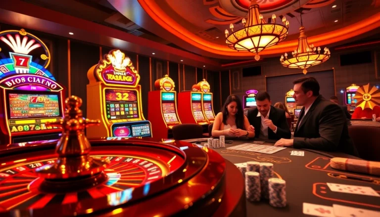 Players having a thrilling experience at 789bets online casino with vibrant slot machines and poker tables.