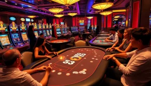 B52-themed table with excited players enjoying high-stakes casino games in a luxurious setting.