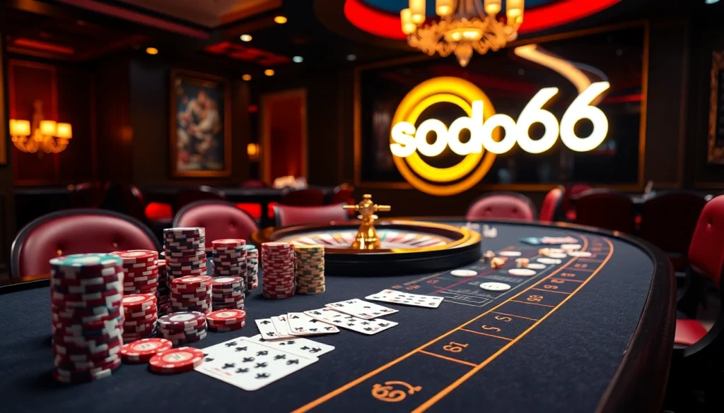 Engaged players at a sodo66 poker table, surrounded by stacked chips and a roulette wheel.