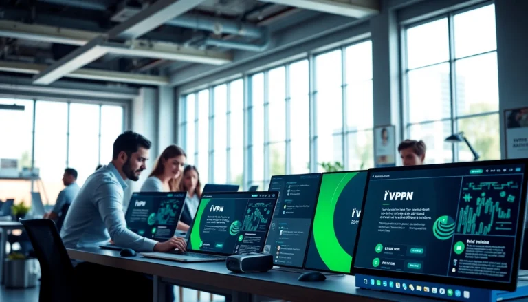 在充满活力的工作区的现代屏幕上显示的快连VPN界面。