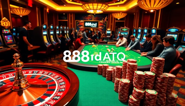 Play at 888vnd ATQ with engaging roulette and poker games in a luxurious casino setting.