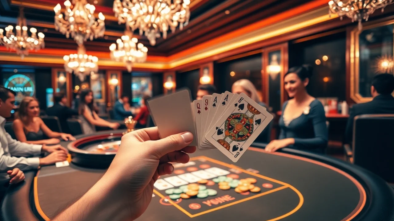 Excited gamblers enjoying a winning moment at the luxurious gem ev88 casino table with poker chips.