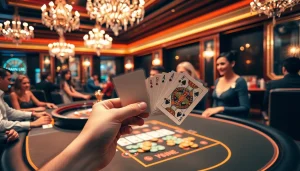 Excited gamblers enjoying a winning moment at the luxurious gem ev88 casino table with poker chips.