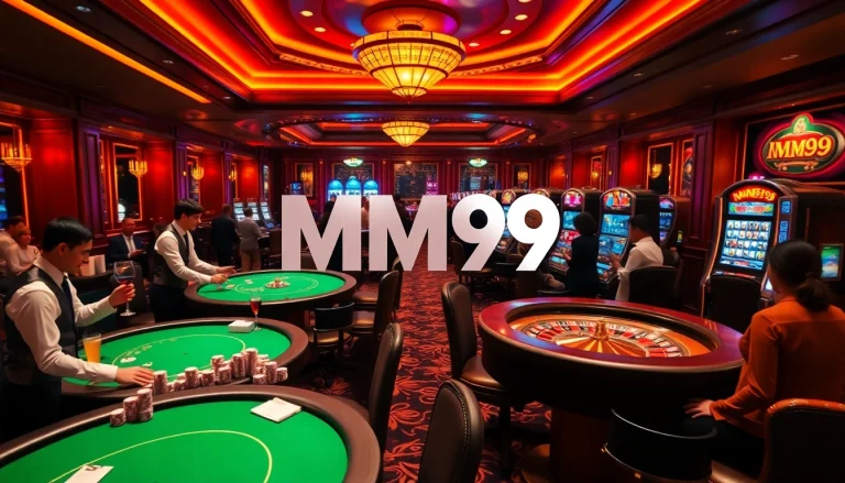 MM99 casino ambiance with vibrant poker tables, dealers, and exciting gameplay.