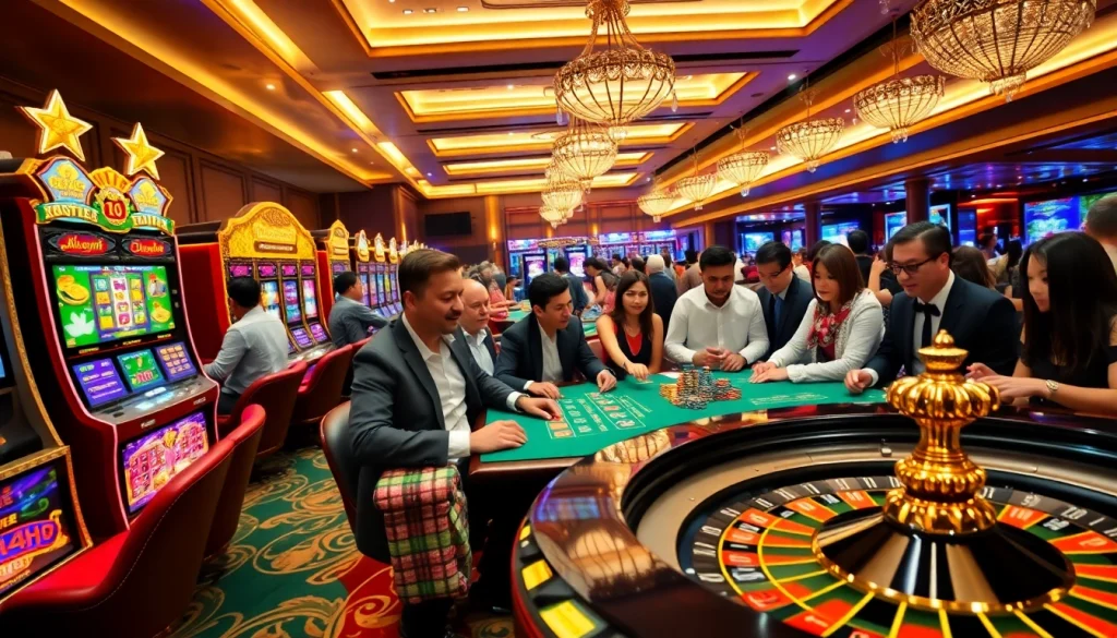 Max88 players enjoying thrilling games at an upscale casino with vibrant slot machines.