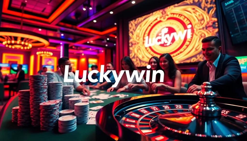 Gamblers playing at a vibrant casino table, featuring Luckywin branding and colorful poker chips.