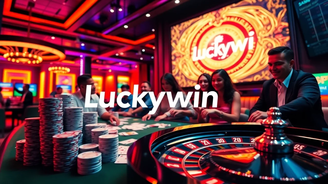Gamblers playing at a vibrant casino table, featuring Luckywin branding and colorful poker chips.