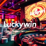 Gamblers playing at a vibrant casino table, featuring Luckywin branding and colorful poker chips.