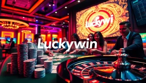 Gamblers playing at a vibrant casino table, featuring Luckywin branding and colorful poker chips.