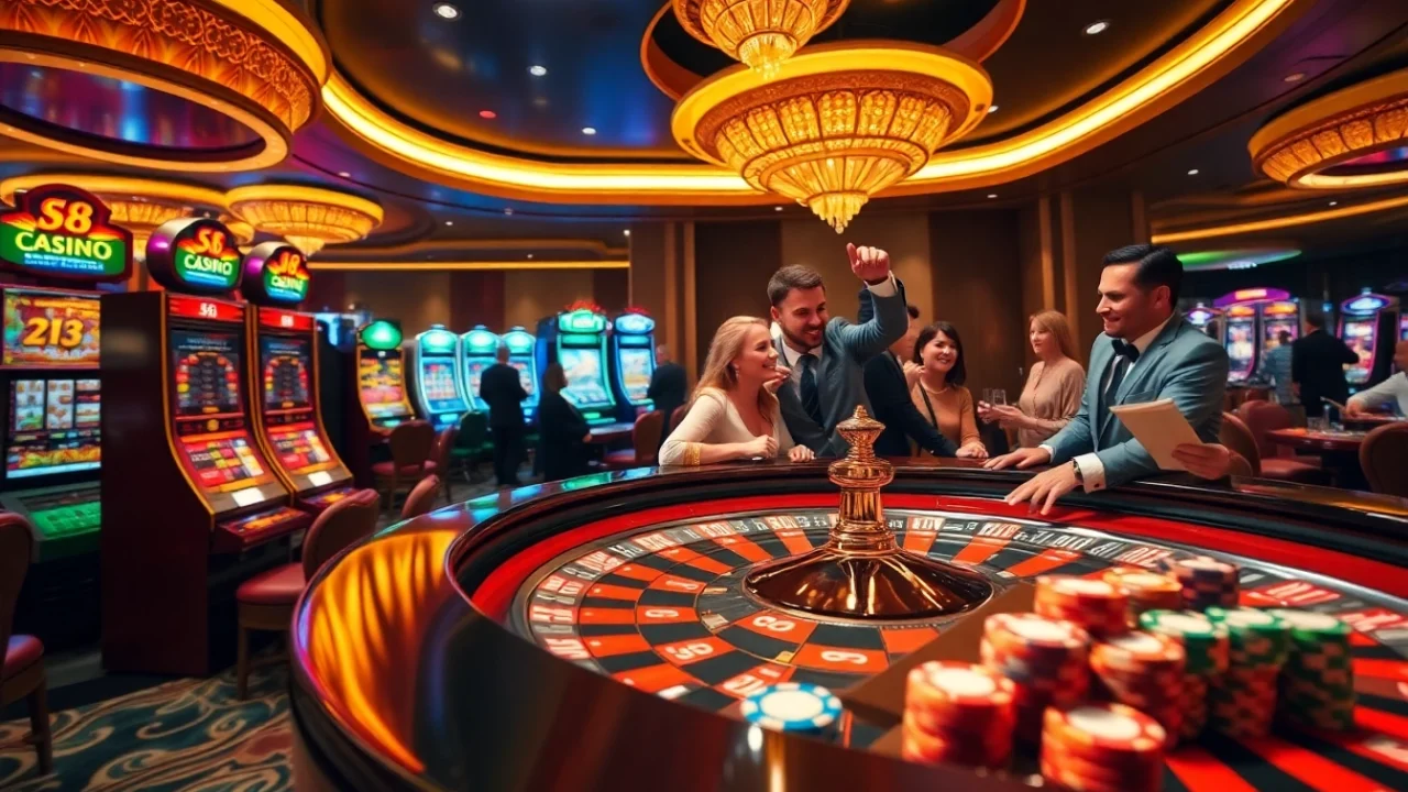 S8 CASINO vibrant gaming atmosphere with players enjoying thrilling moments at slot machines and tables.