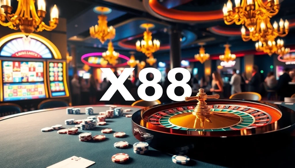 X88 table games set in a luxurious casino environment, featuring roulette and poker chips.
