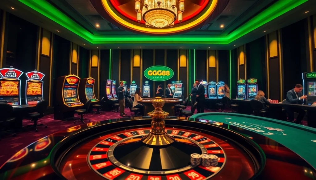 Experience the thrill of gambling at GG88's luxurious casino, featuring vibrant games and excited players.