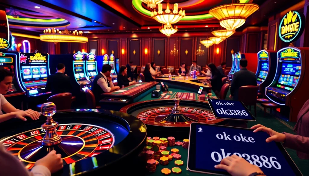 Players enjoying thrilling games at a luxurious casino scene linked to ok 8386's online betting experience.