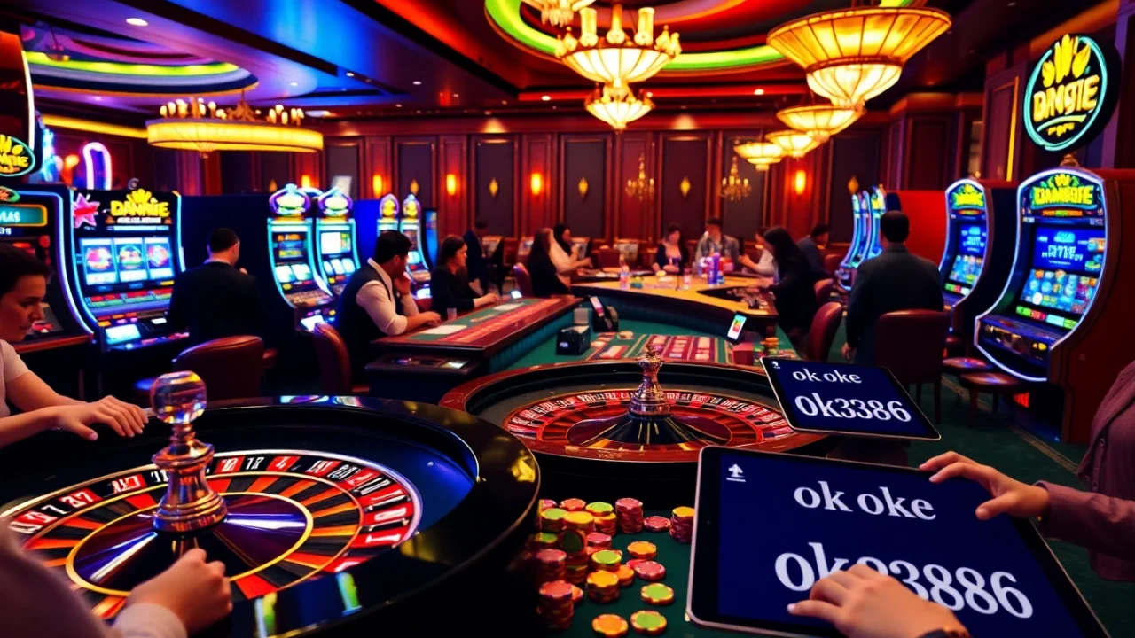 Players enjoying thrilling games at a luxurious casino scene linked to ok 8386's online betting experience.