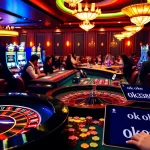 Players enjoying thrilling games at a luxurious casino scene linked to ok 8386's online betting experience.