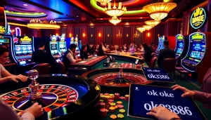 Players enjoying thrilling games at a luxurious casino scene linked to ok 8386's online betting experience.