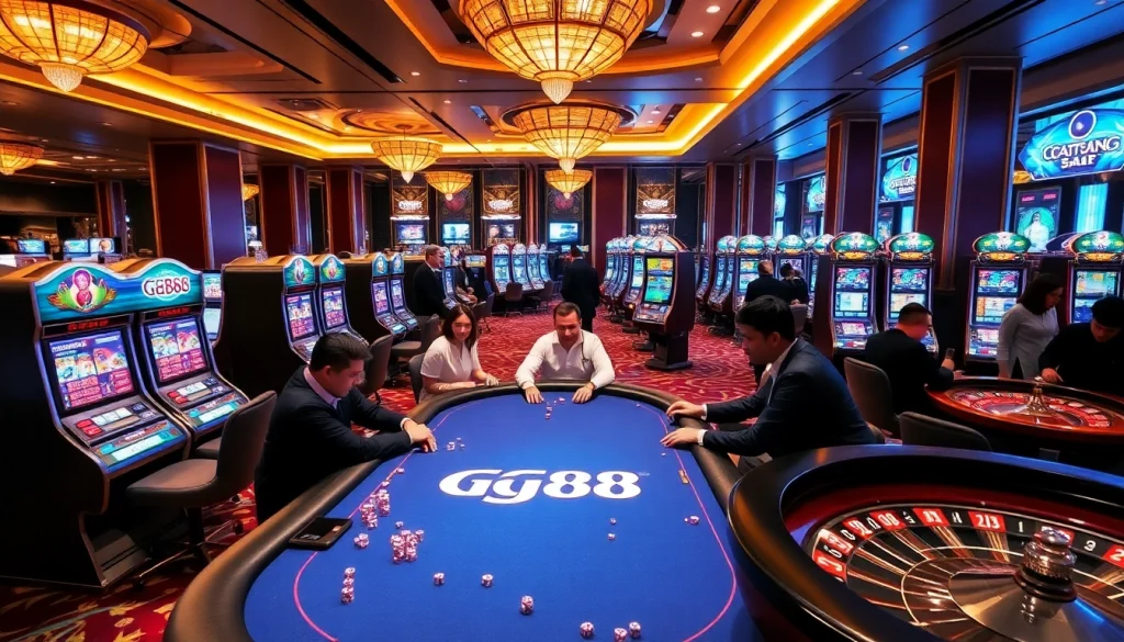 Excited gamblers enjoying the vibrant GG88 poker experience with luxury casino elements.
